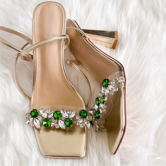 reitoye Shoes - Gold and Green Heels with Decorative Embellishments